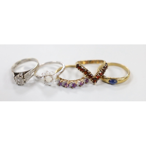 Two modern 9ct white gold and gem set rings, including white opal ...