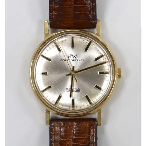 A gentleman's yellow metal Perry Greaves manual wind wrist watch, with ...