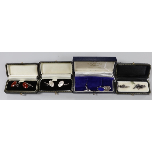 978 - Four pairs of modern cufflinks including 925 and blue guilloche enamel and 925 and carnelian and two... 