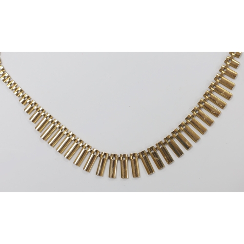 986 - A 1970's  9ct yellow gold fringe necklace, 40cm, 20 grams.