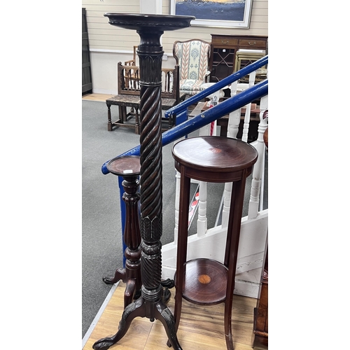 1232A - A George III style mahogany torchere, a mahogany plant stand and one other, largest height 149cm... 