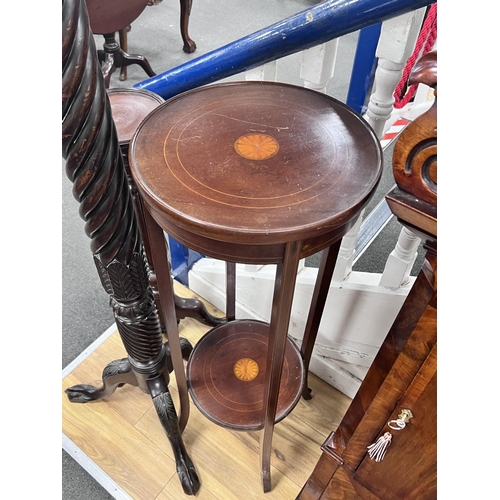 1232A - A George III style mahogany torchere, a mahogany plant stand and one other, largest height 149cm... 