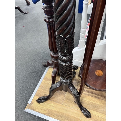 1232A - A George III style mahogany torchere, a mahogany plant stand and one other, largest height 149cm... 
