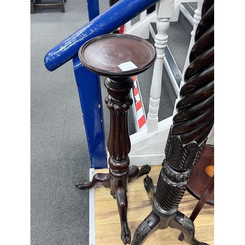 1232A - A George III style mahogany torchere, a mahogany plant stand and one other, largest height 149cm... 