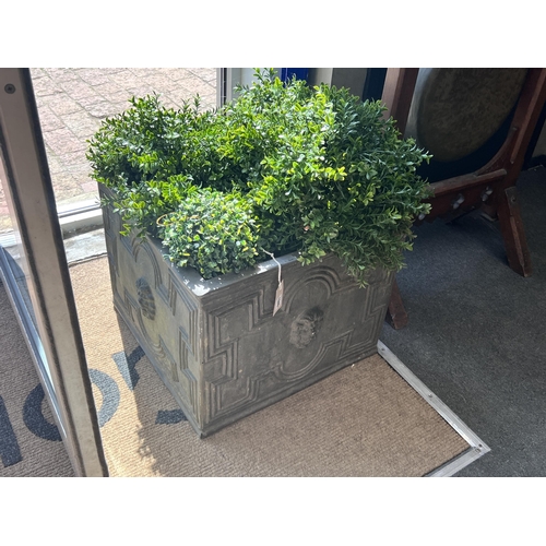 1240 - A pair of square faux lead square planters with faux box balls, width 50cm, height 40cm