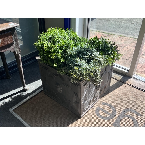 1240 - A pair of square faux lead square planters with faux box balls, width 50cm, height 40cm