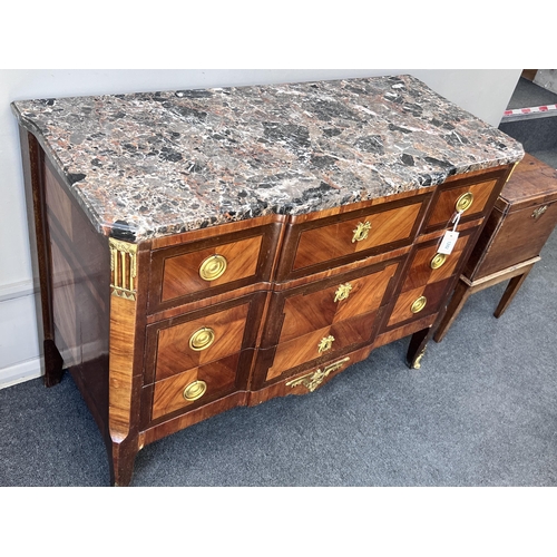 1242 - A French transitional style gilt metal mounted marble top kingwood commode, width 118cm, depth 52cm,... 