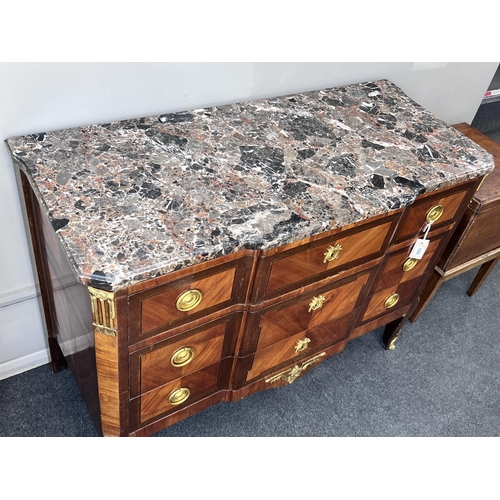 1242 - A French transitional style gilt metal mounted marble top kingwood commode, width 118cm, depth 52cm,... 