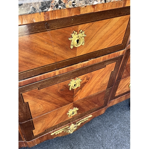 1242 - A French transitional style gilt metal mounted marble top kingwood commode, width 118cm, depth 52cm,... 