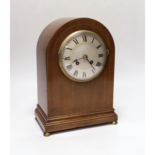 1257 - An Edwardian inlaid mahogany mantel clock, 29cm
