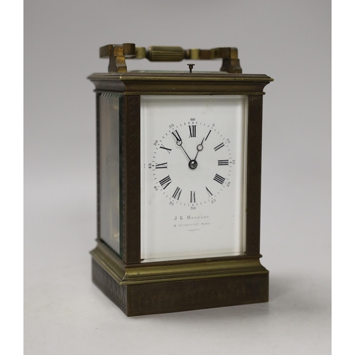 1275 - A French repeating brass carriage clock, retailed by Hanhart Calcutta, 16cm