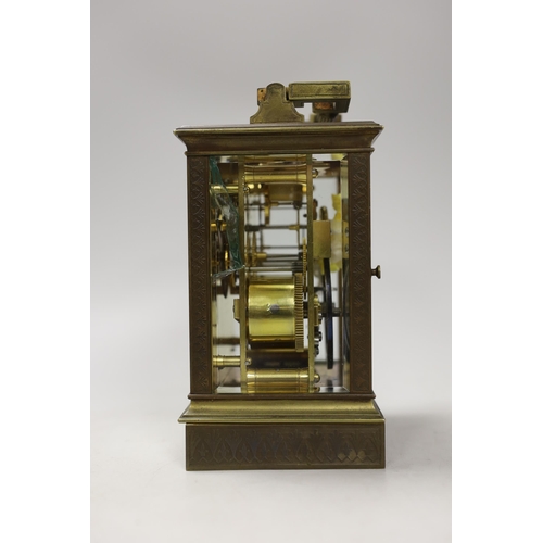 1275 - A French repeating brass carriage clock, retailed by Hanhart Calcutta, 16cm