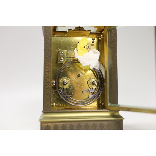 1275 - A French repeating brass carriage clock, retailed by Hanhart Calcutta, 16cm