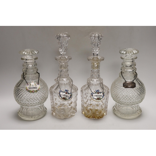 1277 - Two pairs of Victorian decanters, a silver wine label and three others