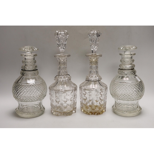 1277 - Two pairs of Victorian decanters, a silver wine label and three others