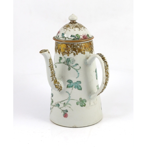 101 - A Chinese export famille rose fencai chocolate pot and cover, Yongzheng period, of tapering cylindri... 