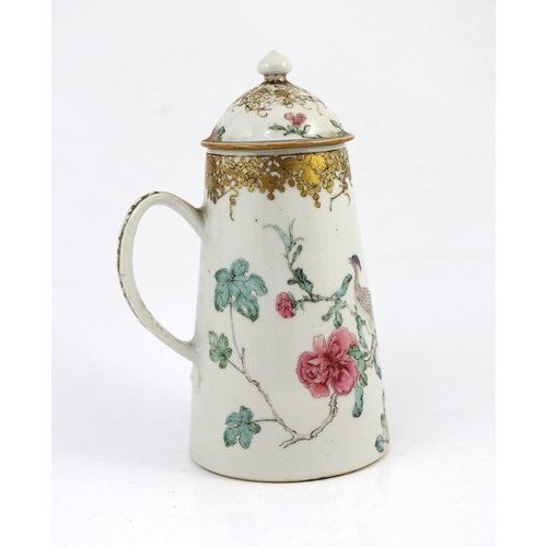 101 - A Chinese export famille rose fencai chocolate pot and cover, Yongzheng period, of tapering cylindri... 