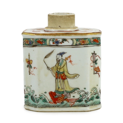 103 - A Chinese famille verte tea caddy, Kangxi period, of canted rectangular form, painted with four immo... 