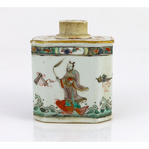 103 - A Chinese famille verte tea caddy, Kangxi period, of canted rectangular form, painted with four immo... 