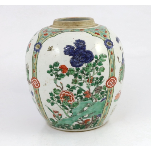 110 - A Chinese famille verte 'Hundred Antiques' ovoid jar, Kangxi period, painted with alternating panels... 