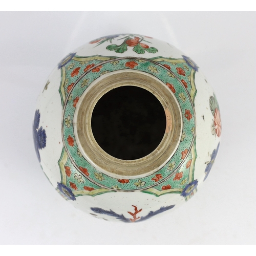 110 - A Chinese famille verte 'Hundred Antiques' ovoid jar, Kangxi period, painted with alternating panels... 