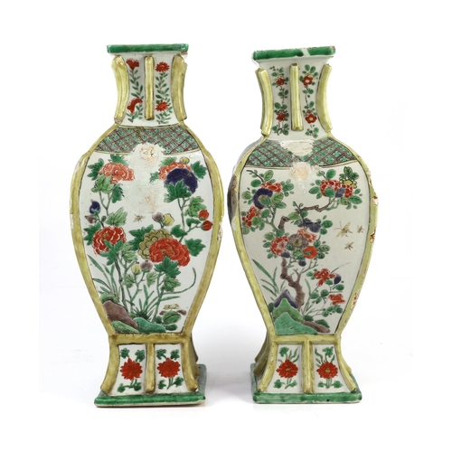 111 - A pair of Chinese famille verte vases, fanghu, Kangxi period, the archaistic rectangular baluster sh... 