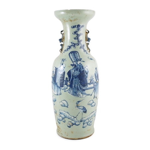 119 - A large Chinese blue and white celadon ground vase, 19th century, painted with the three star gods, ... 