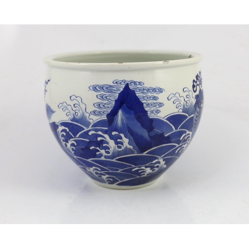 100 - A Chinese blue and white mythical beasts jardiniere, Kangxi period, the moulded rim above an ovoid... 