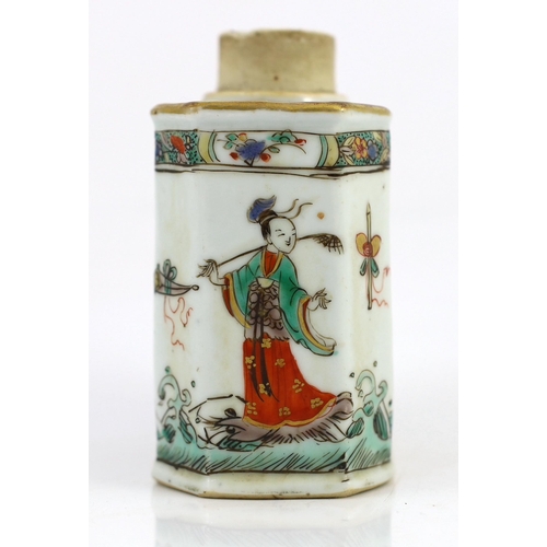 103 - A Chinese famille verte tea caddy, Kangxi period, of canted rectangular form, painted with four immo... 