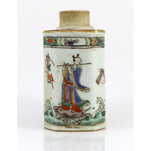 103 - A Chinese famille verte tea caddy, Kangxi period, of canted rectangular form, painted with four immo... 