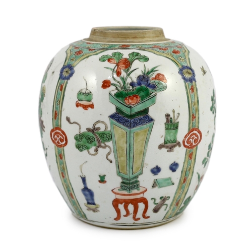 110 - A Chinese famille verte 'Hundred Antiques' ovoid jar, Kangxi period, painted with alternating panels... 