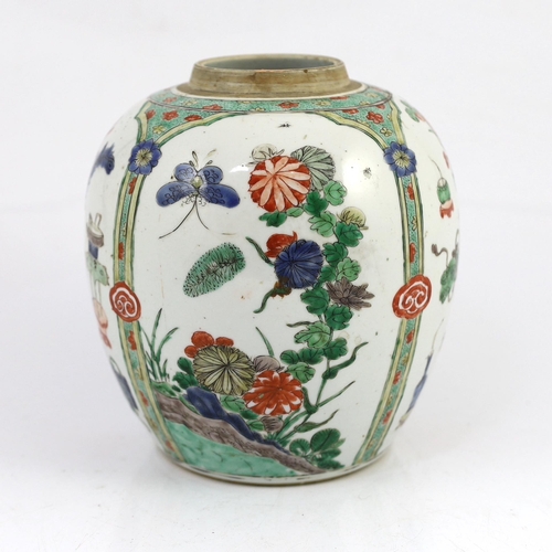 110 - A Chinese famille verte 'Hundred Antiques' ovoid jar, Kangxi period, painted with alternating panels... 