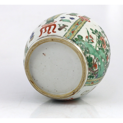 110 - A Chinese famille verte 'Hundred Antiques' ovoid jar, Kangxi period, painted with alternating panels... 