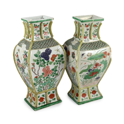 111 - A pair of Chinese famille verte vases, fanghu, Kangxi period, the archaistic rectangular baluster sh... 