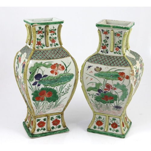 111 - A pair of Chinese famille verte vases, fanghu, Kangxi period, the archaistic rectangular baluster sh... 