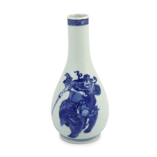 116 - A Chinese blue and white Zhong Kui inscribed bottle vase, early Kangxi period, painted with Zhong ... 