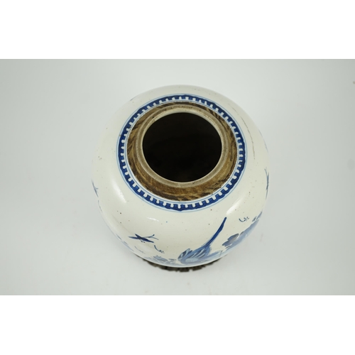 138 - A Chinese blue and white birds and rockwork ovoid jar, Kangxi period, painted with three birds in ... 