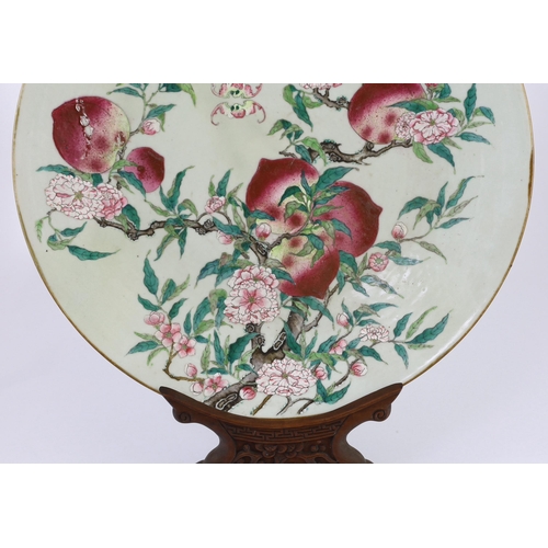 142 - A large Chinese nine peach enamelled porcelain dish, Qianlong seal mark but 19th century, painted ... 