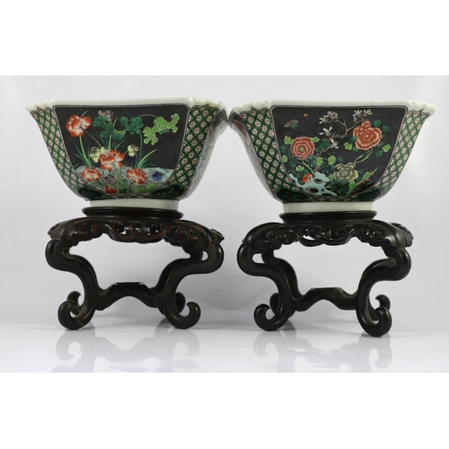 144 - A pair of Chinese famille noire square bowls, late 19th century, painted to each side with panels of... 