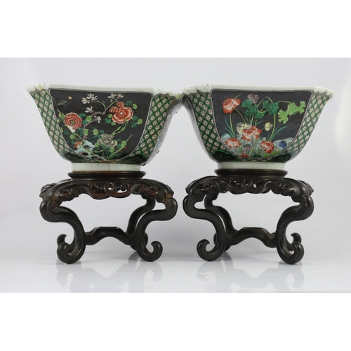 144 - A pair of Chinese famille noire square bowls, late 19th century, painted to each side with panels of... 