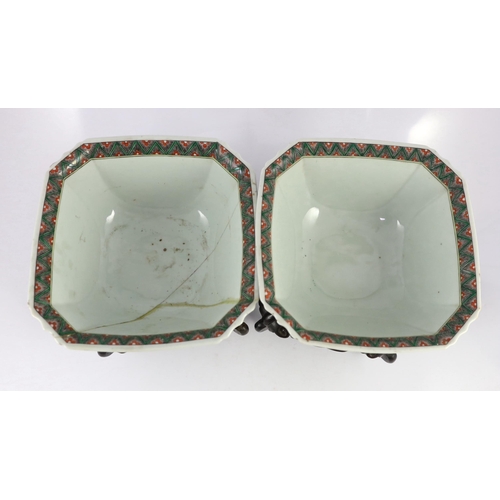 144 - A pair of Chinese famille noire square bowls, late 19th century, painted to each side with panels of... 