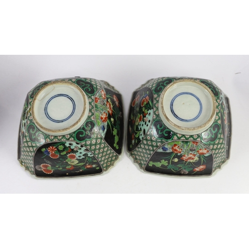 144 - A pair of Chinese famille noire square bowls, late 19th century, painted to each side with panels of... 