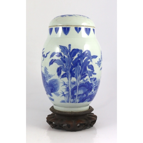 153 - A good Chinese Transitional blue and white qilin and phoenix jar and cover, lianzi guan, Chongzhen... 