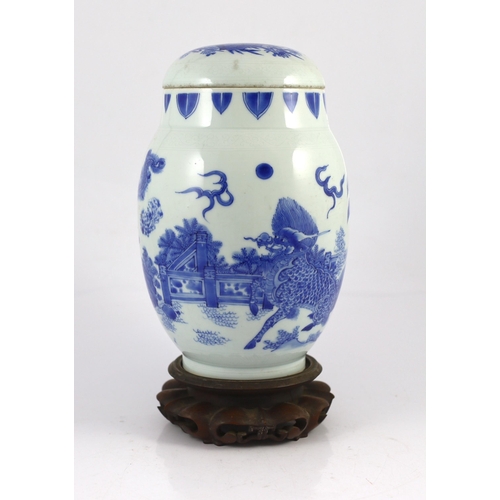 153 - A good Chinese Transitional blue and white qilin and phoenix jar and cover, lianzi guan, Chongzhen... 