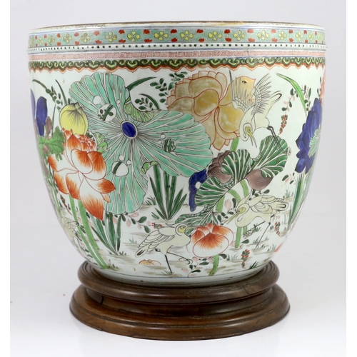 154 - A large Samson famille verte lotus fishbowl, in Kangxi style, 19th century, the robustly potted U-... 