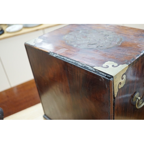 165 - A Chinese brass mounted huanghuali and hardwood seal cabinet, Qing dynasty, applied with later pierc... 