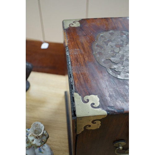 165 - A Chinese brass mounted huanghuali and hardwood seal cabinet, Qing dynasty, applied with later pierc... 