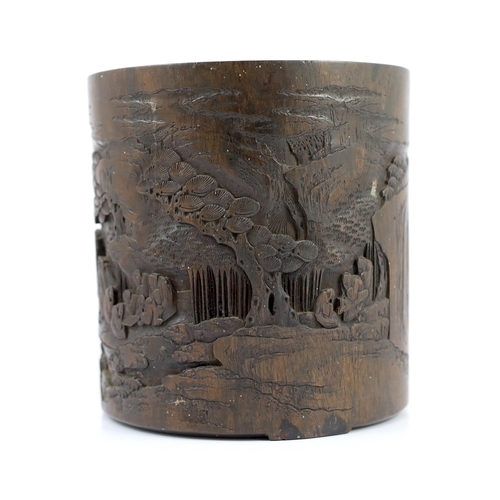 166 - A Chinese hardwood brushpot, bitong, 19th century, possibly zitan, carved in relief with the seven s... 