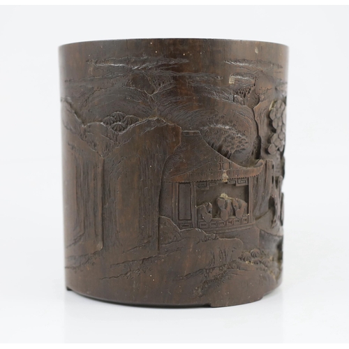 166 - A Chinese hardwood brushpot, bitong, 19th century, possibly zitan, carved in relief with the seven s... 