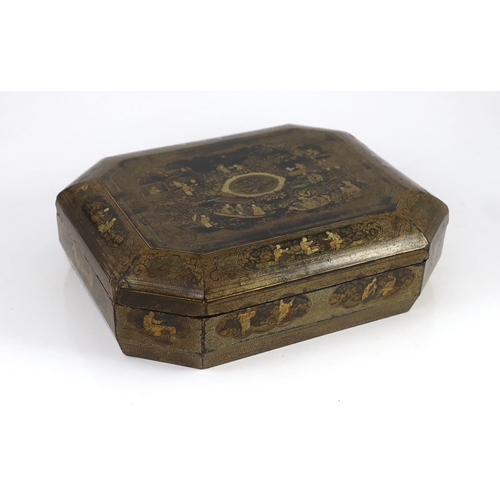 168 - A Chinese gilt decorated black lacquer games box, mid 19th century, the cover decorated with figures... 